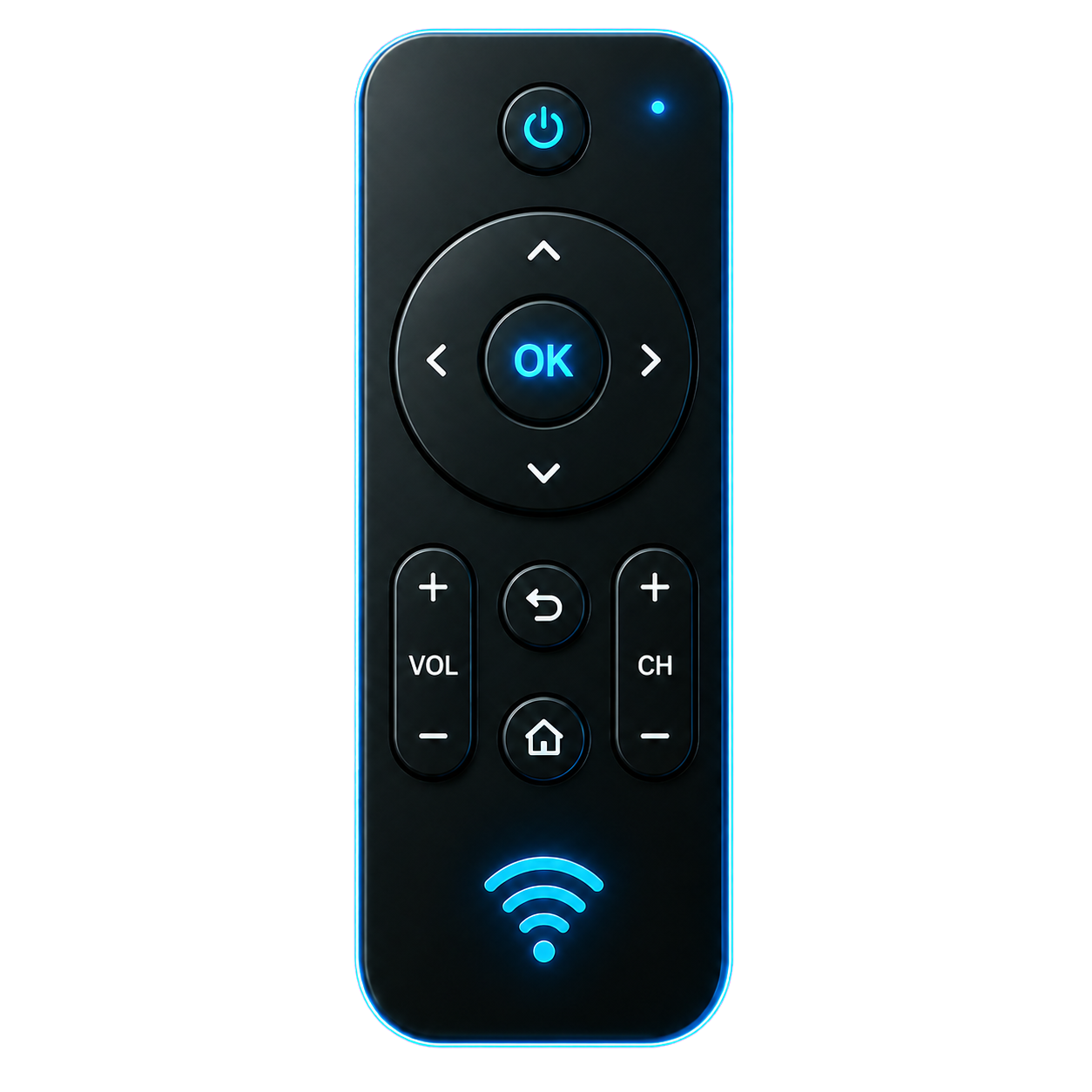 Control remoto Fusion Remote sobre un panel azul con señales locales